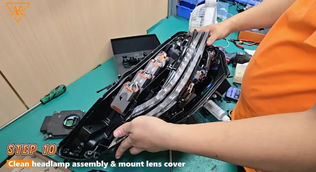 Toyota Alphard LED Headlight Upgrade: AKE Matrix LED Retrofit Case Study 19 Step 10 Clean headlamp assembly & mount lens cover