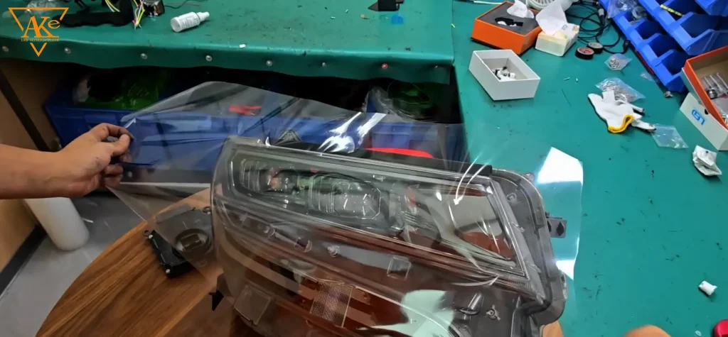 Toyota Alphard LED Headlight Upgrade: AKE Matrix LED Retrofit Case Study 9 Step 2 put the protect film
